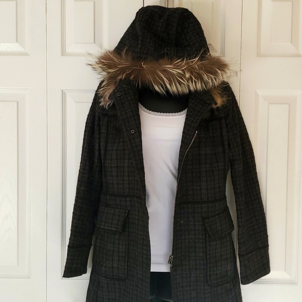 Prada Black Plaid Coat with Fur Trim